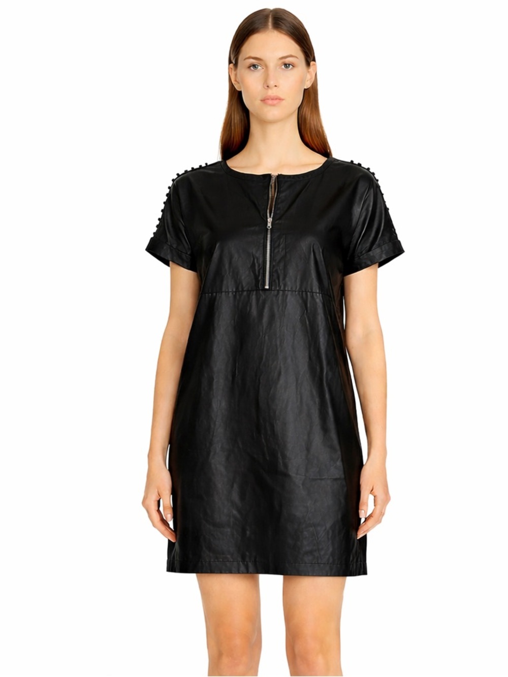 Twinset Black Faux Leather Shift Dress Zip Front Stud Shoulder Large